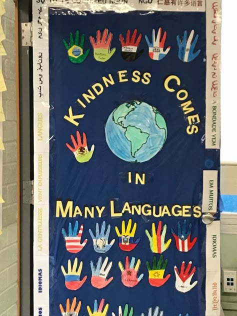 Our ESL classroom Door. Esl Classroom Decor, Esol Classroom, Door Classroom, Multicultural Classroom, Esl Ideas, Classroom Door Decor, Classroom Door Ideas, Harmony Day, Door Poster