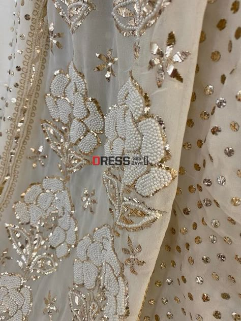 Badla Work, Mukesh Work, Mukaish Work, Hand Work Design, Chikankari Suits, Ivory Colour, Zardozi Embroidery, Pearl Work, Lehnga Dress