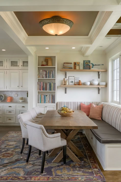 Create the Perfect Dining Corner with These 22 Kitchen Nook Design Ideas Dining In Small Kitchen, Breakfast Nook With Rectangular Table, Large Dining Nook, Casual Elegance Home Decor, Long Breakfast Nook, Breakfast Nook With Bookshelves, Kitchenette Nook, Breakfast Corner Kitchen, Nook Area Ideas