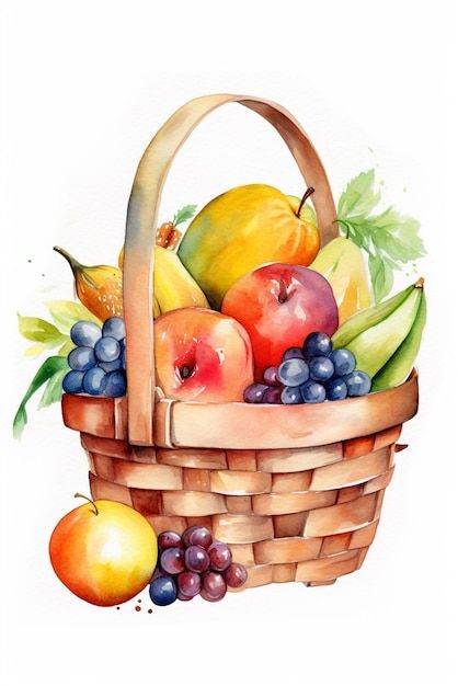 A watercolor painting of a basket of fru... | Premium Photo #Freepik #photo #basket Fruit Basket Drawing, Basket Clipart, Fruit Clipart, Basket Drawing, Watercolor Fruit, Vegetable Basket, Beautiful Fruits, Fruits Basket, Summer Fruit