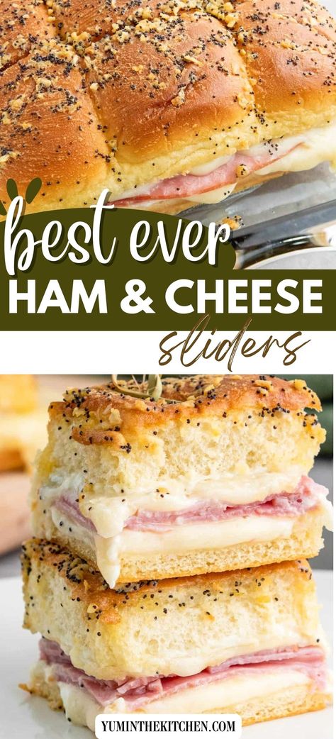 Looking for an easy slider recipe? These ham and cheese sliders are the easiest, most delicious sandwiches! Savory ham and melty swiss cheese make for an amazing appetizer or even easy dinner idea! Cold Ham And Cheese Sandwiches, Little Hammies Sandwiches, Ham And Havarti Cheese Sliders, Sides For Ham And Cheese Sliders, Hand And Cheese Sliders, Hot Ham And Cheese Sandwiches Baked, Han And Cheese Sliders, Best Ham And Cheese Sliders, Ham And Swiss Sandwiches