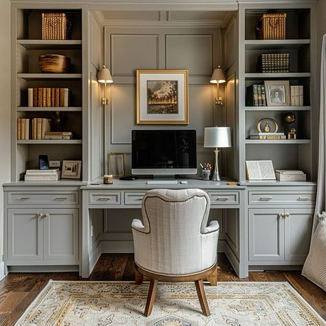 Home Office With Two Bookcases, Office Ideas With Built In Shelves, Office Interior Design Built In, Classic Home Office Ideas, Built In Desk In Office, Home Office Waynes Coating, Classy Study Room, Old Home Office, Built In Bookshelves Desk