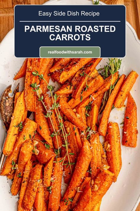 These Parmesan Roasted Carrots are coated in a cheesy parmesan crust. A delicious mix of sweet and salty, transforming a simple vegetable side dish into something more flavorful and satisfying. Carrot Appetizer Recipes, Low Carb Carrots Side Dish, Best Carrot Recipes Side Dishes, Savory Carrots Side Dish, Parmesan Crusted Carrots, Parmesan Carrots Roasted, Savory Carrot Recipes, Roasted Parmesan Carrots, Savory Roasted Carrots