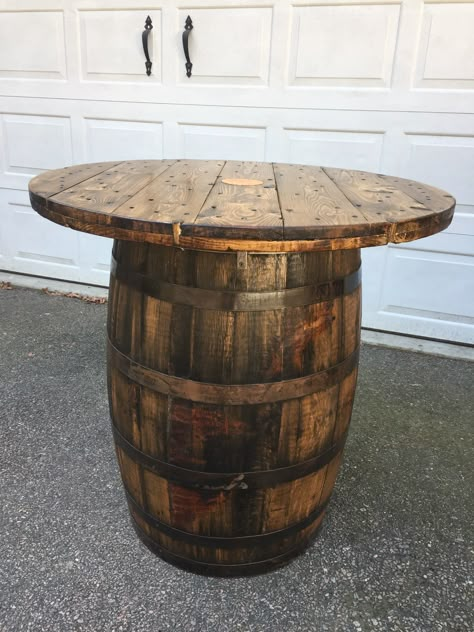 Whiskey Barrel Table Diy, Barrel Table Diy, Diy Whiskey Barrel, Barrel Tables, Whiskey Barrel Table, Barrels Diy, Backyard Table, Wine Barrel Table, Spool Furniture