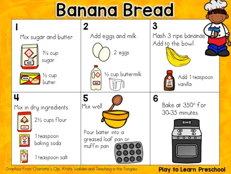 Banana Bread Picture Recipe Rebus Recipes For Preschool, Montessori Cooking Recipes, Easy Cooking Activities For Preschool, Creative Curriculum Bread Study Preschoolers, Bread Study Activities Preschool, Kitchen Activities For Preschool, Bread Activities For Kids, Classroom Cooking Ideas, Bread Unit Creative Curriculum