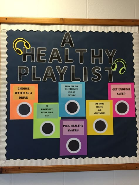 Physical Education bulletin Board #healthyplaylist#PE Active Bulletin Board Ideas, Gym Class Bulletin Board, Education Boards Ideas Nursing, Health And Wellness Bulletin Boards College, Health Related Bulletin Board Ideas, Health And Pe Bulletin Board, Physical Health Bulletin Board, Nutritional Bulletin Board Ideas, Healthy Living Bulletin Board Ideas