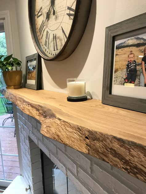 Live edge fireplace mantel Living Edge Fireplace Mantel, Raw Edge Mantle Living Rooms, Live Edge Shelf Living Room, Raw Edge Fireplace Mantle, Live Wood Mantle, Wall Mantel Shelf, Live Edge Mantle With Shiplap, Live Edge Fireplace Mantels, Live Edge Fireplace Mantel Oak