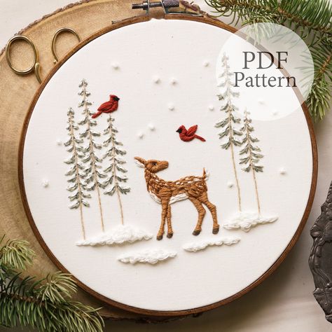 Magnus And Quill Embroidery, Woodland Creature Embroidery, Seasonal Embroidery Patterns, Winter Embroidery Ideas, Forest Embroidery Pattern, Polar Bear Embroidery, Winter Embroidery Patterns, Deer Embroidery Pattern, Embroidery Reindeer