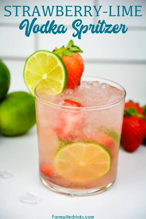 Strawberry Lime Vodka Spritzer is a refreshing cocktail recipe made with fresh fruit, vodka, and soda water for a low-carb cocktail. Healthy Cocktails Vodka, Infused Vodka Recipes Diy, Vodka Soda Drinks, Club Soda Drinks, Strawberry Vodka Drinks, Fruity Vodka Drinks, Vodka Soda Cocktails, Summer Vodka Drinks, Titos Vodka Recipes