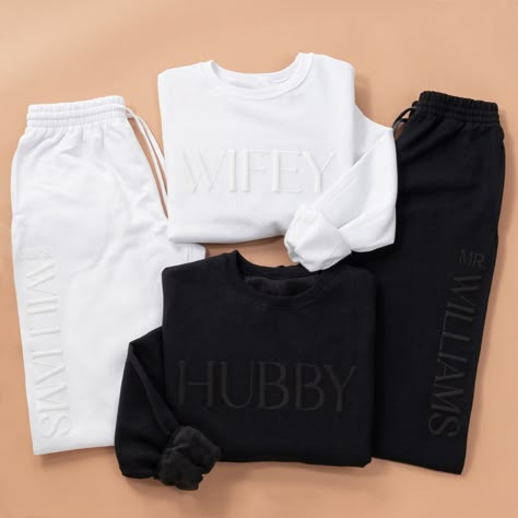 Embossed Personalized WIFEY / HUBBY Sweatshirt & Joggers Set His And Hers Sweatsuit, White Bridal Sweatsuit, Bride And Groom Outfit Ideas, White Wedding Sweatsuit, White Bride Sweat Suit, Wedding Day Getting Ready Outfit Sweats, Wedding Gifts For Him From Bride, Wedding After Party Sweatsuit, Hubby And Wifey Sweatshirts