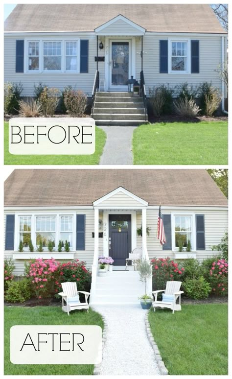 summer tour and exterior remodel and curb appeal Front Porch Curb Appeal, Front Yards Curb Appeal, Porch Remodel, Front Steps, Exterior Makeover, Diy Outdoor Decor, Exterior Remodel, Casa Exterior, Diy Pergola