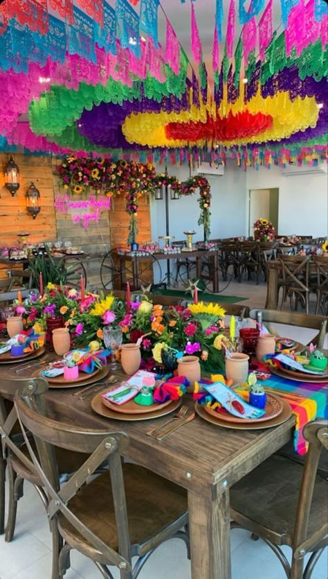 Mexican Hair Dos With Flowers, Mexican Hacienda Theme Party, Mexican Xv Decorations, Mexican Christmas Party Decorations, Mexican Decorations Party Fiestas, Latino Birthday Party Ideas, Mexican Chic Decor, Frida Kahlo Quinceanera Theme, Colorful Quinceanera Theme