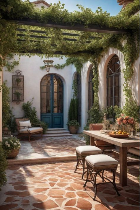 Mediterranean-style backyard patio with pergola Italian Patio Ideas Tuscany Italy, Easy Backyard Patio, Easy Patio Ideas, Modern Mediterranean Backyard, Mediterranean Patio Ideas, Spanish Style Patio, California Patio, Terracotta Patio, Mexico Houses