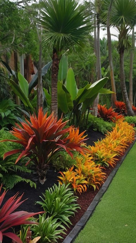 Tropical Treasures: 15 Landscaping Ideas to Turn Your Outdoor Space into a Paradise 34 Tropical Garden Design Australian, Tropical Hedge, Flower Arch Garden, Tropical Garden Uk, Caymen Islands, Unique Landscaping, Land Scaping, Tropical Backyard Landscaping, Small Tropical Gardens