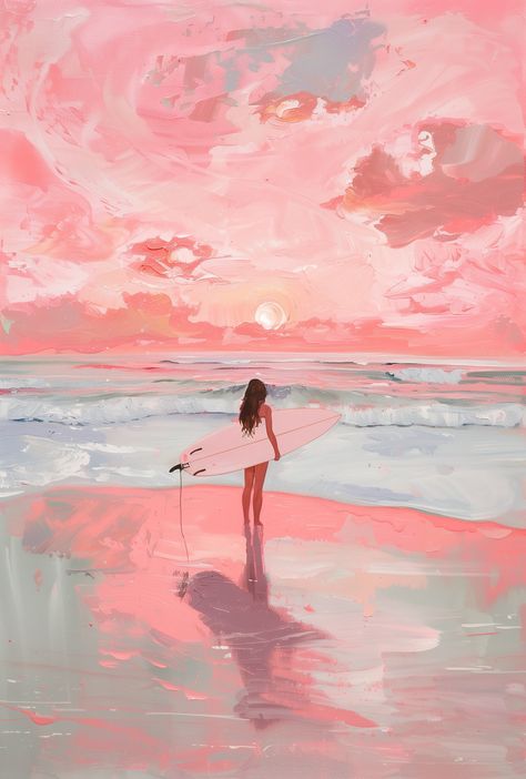 Surfboard On Beach, Girl With Surfboard, Beach Gallery Wall, Surfer Painting, Calm Sunset, Pink Coastal, Surf Painting, Sunset Girl, Up Poster