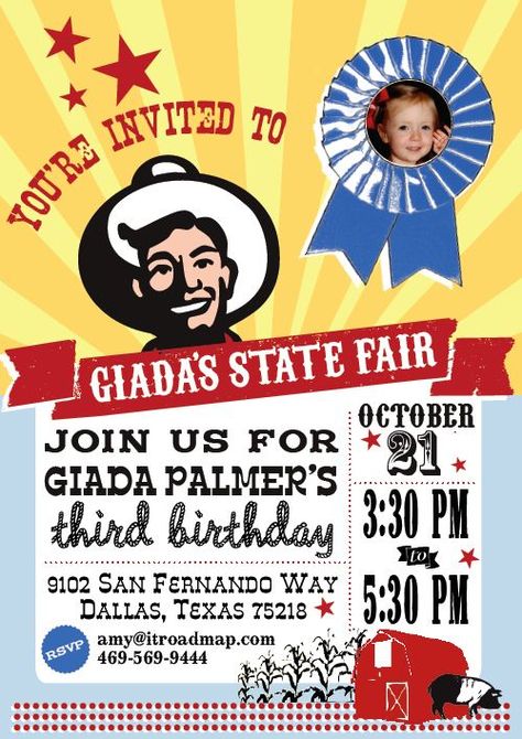 Invitation for Giada's State fair 3rd Birthday party State Fair Decorations, State Fair Birthday Party, Texas State Fair Themed Party, Texas State Fair Birthday Party, Wild West 3rd Birthday, Vintage State Fair Party, County Fair Birthday Party Games, State Fair Party, Vintage County Fair Birthday