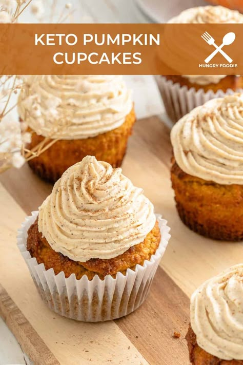 Keto Cream Cheese Frosting, Keto Pumpkin Spice Latte, Pumpkin Cupcakes With Cream Cheese, Pumpkin Spice Latte Cupcakes, Pumpkin Cupcake Recipes, Keto Cream Cheese, Dairy Free Frosting, Keto Cupcakes, Pumpkin Cupcake