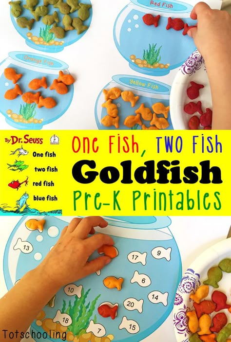 Children often like to play with their food, so why not turn snack time into a learning opportunity with these Free Goldfish Cracker Printables from Totscho Dr Suess Math Activities Preschool, Dr Suess Lesson Plans Preschool, Dr Suess Sensory Bin Ideas, Dr Suess Preschool Activities, Dr Seuss Crafts For Preschoolers, Dr Seuss Preschool Activities, Intervention Teacher, Preschool Homeschooling, Dr Seuss Preschool