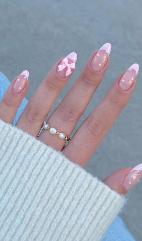 Bow Nail Designs, Pink White Nails, Cute Pink Nails, Light Pink Nails, Cute Simple Nails, Girly Acrylic, Summery Nails, Girly Acrylic Nails, Pink Acrylic Nails