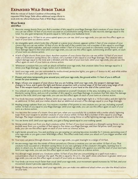 Wild Magic Barbarian Dnd, Wild Magic Table Dnd 5e, Wild Magic Table, Wild Magic Barbarian, Magic Barbarian, Wild Magic Sorcerer, Dnd Tables, Dnd Lore, Dm Resources