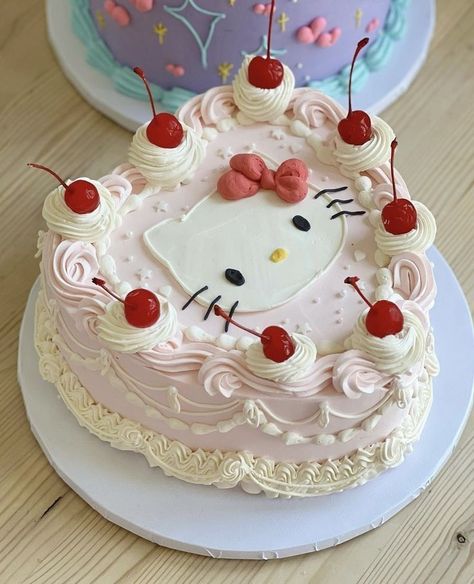 Vintage Heart Cake Hello Kitty, Hello Kitty Birthday Cake Aesthetic, Cute Girly Cakes, Hello Kitty Vintage Cake, Hello Kitty Strawberry Cake, Pastel Hello Kitty Aesthetic, Hello Kitty Birthday Party Ideas Decoration, Hello Kitty Heart Cake, Hello Kitty Birthday Cakes