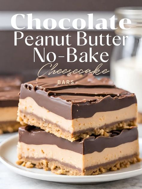 Ingredients: Crust: 2 cups crushed graham crackers 1/2 cup melted butter Peanut Butter Layer: 8 oz. cream cheese, room temperature Chocolate Peanut Butter Cheesecake Bars, Peanut Butter Cheesecake Bars, Chocolate Cheesecake Bars, Cream Cheese Bars, Chocolate Peanut Butter Cheesecake, Cream Cheese Desserts, Peanut Butter No Bake, Peanut Butter Chocolate Bars, Peanut Butter Cheesecake