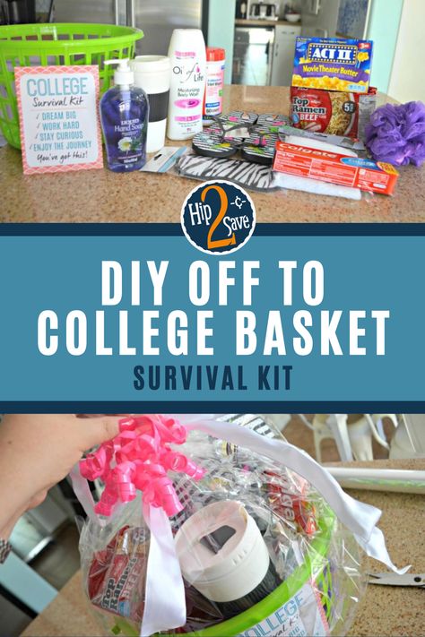 Gift Basket For College Freshman, College Raffle Basket Ideas, College Laundry Basket Gift, Back To College Gift Basket, Off To College Basket, College Basket Ideas, Going To College Gift Ideas, Dorm Survival Kit, Dorm Gift Basket