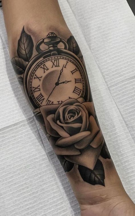 Tato Jam, Tato Mandala, Clock And Rose Tattoo, Catrina Tattoo, Tattoo Placements, Rose Tattoos For Men, Forarm Tattoos, Forearm Sleeve Tattoos, Inspiration Tattoos