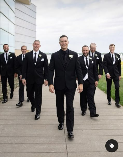 Groom In All Black Suit, Black White Groomsmen Attire, Groom Outfit All Black, Groomsman All Black Suits, Groom And Groomsmen Attire Black Tuxedos, Groomsmen Black Tux With Tie, Black Suit Bridal Party, Bridal Party Black Suits, Groomsmen In All Black Suits