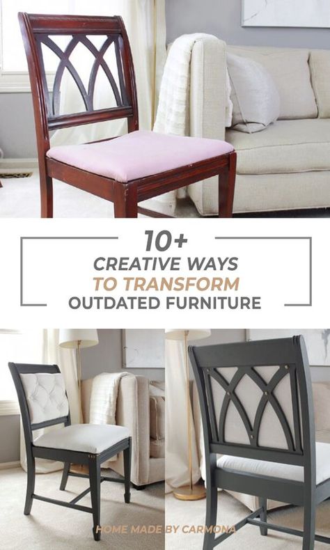 Breathe new life into old pieces with these creative ways to transform your outdated furniture! Instantly modernize furniture with these clever hacks | Home Made by Carmona Refurbished Dining Chairs, Kitchen Chair Makeover, Vintage Chairs Makeover, Wood Chair Makeover, Update Furniture, Dining Chair Makeover, Upcycle Chair, Porch Chairs, Oak Chair