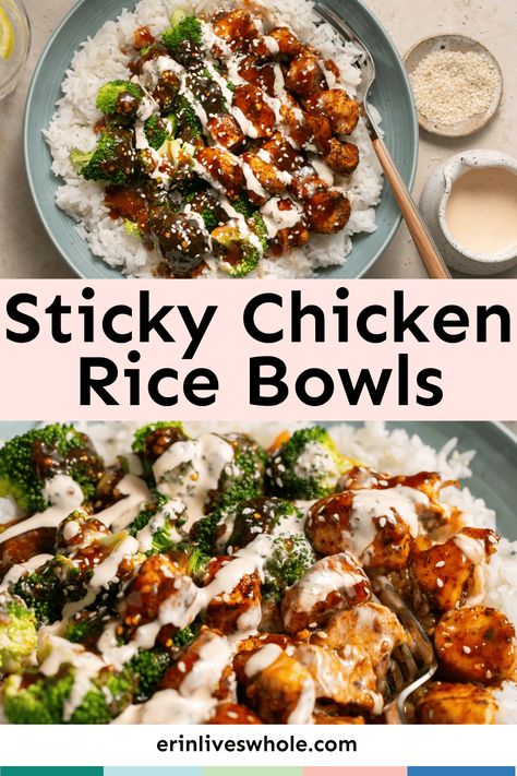 Fill up on satisfying protein and flavor with these Sticky Chicken Rice Bowls. Between the bowl base, the delicious sticky sauce, and the spicy mayo drizzle, you can expect this to become your new favorite meal. Sticky Sauce, Healthy Bowls Recipes, Chicken Rice Bowls, Sticky Chicken, Rice Bowls Recipes, Healthy Bowls, Spicy Mayo, Health Dinner Recipes, Chicken Dishes Recipes