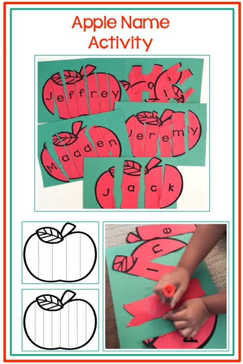 Apple Stations Kindergarten, Apple Names Craft, Apples Language Arts Preschool, Apple Names Preschool, Apples And Fall Preschool, Apple Theme Literacy Preschool, Apple Preschool Curriculum, Apples Literacy Preschool, Pre K Apple Theme Activities