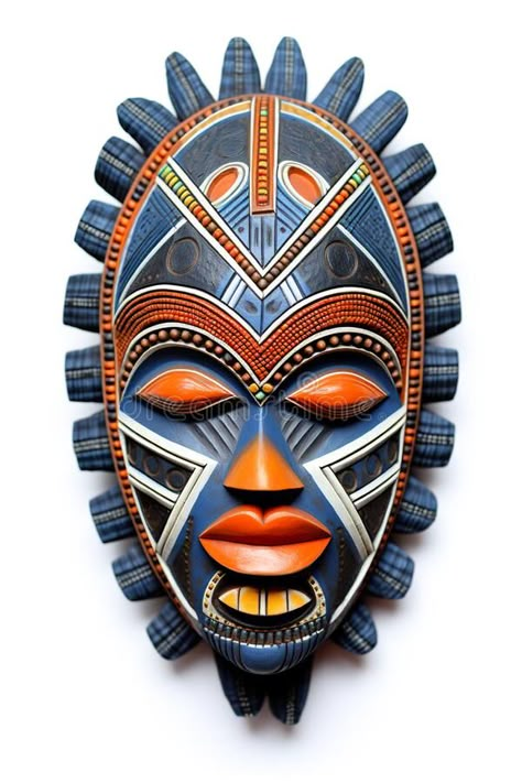 A wooden mask with a blue and orange face. Generative AI image. stock image Wooden Faces Art, African Masks Art, Mask Illustration, Wooden Mask, Mask Painting, Afrikaanse Kunst, African Sculptures, African Mask, African Textiles