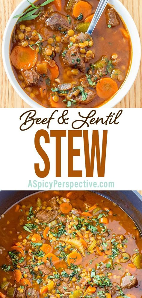 Beef Lentil Stew: Rustic, packed with flavor, and so comforting. Beef And Lentil Stew, Beef Lentil Stew, Lentil Soup Crockpot, Beef Lentil Soup, Beef And Lentil, Healthy Stew Recipes, Beef Stew Stove Top, Lentil Stew Recipes, Slow Cooker Lentil Soup