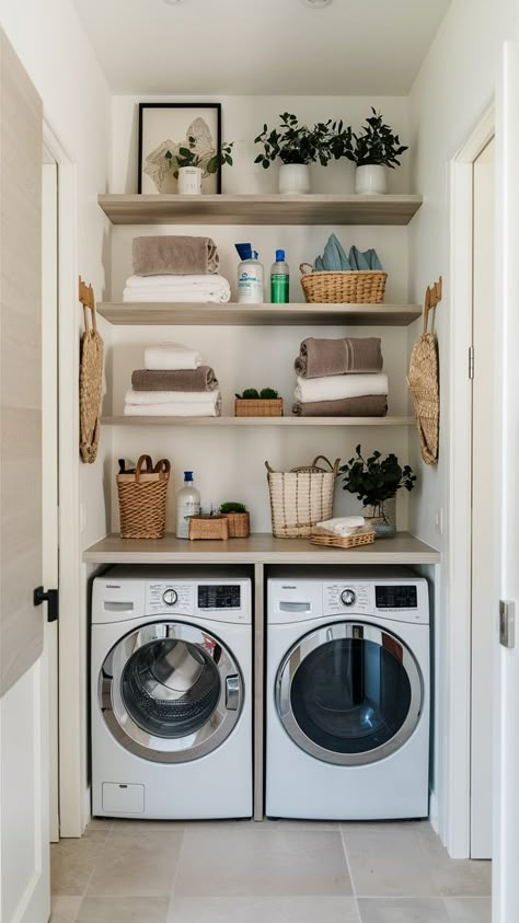 15 Narrow Laundry Room Ideas – The DIY Desire Small Hallway Laundry Room, Small Laundry Room Under Stairs, Mini Utility Room, Storage And Laundry Room Ideas, Laundry Nook In Kitchen, Laundry Room Apartment Ideas, Laundry Area In Bathroom, Loundry Small Room Ikea, Garage Washer And Dryer Ideas