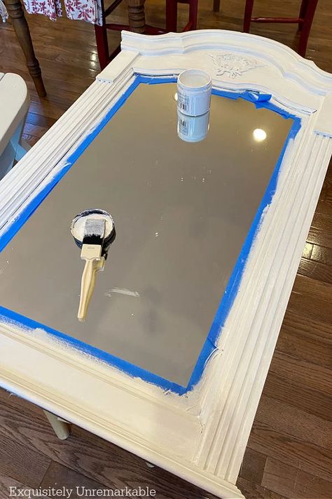 Painting A Curbside Mirror Mirror With Tile Border, Painting Wooden Mirror Frame, Repaint Mirror Frame, Paint Mirror Frame Diy, Large Mirror Makeover, Painted Bathroom Mirror, Diy Mirror Painting Ideas, Mirror Frame Painting Ideas, Mirror Frame Art