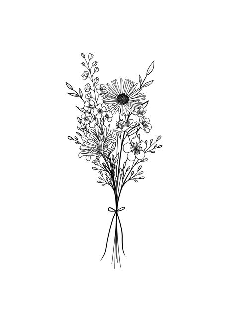 Plant Bouquet Tattoo, Bunch Of Wildflowers Tattoo, Wild Flower Bunch Tattoo, 7 Flower Bouquet Tattoo, Wild Flower Tattoo Ideas, Floral Bouquet Tattoo Design, Fine Line Wildflower Bouquet Tattoo, Daisy Flower Bouquet Tattoo, Stemmed Flower Tattoo