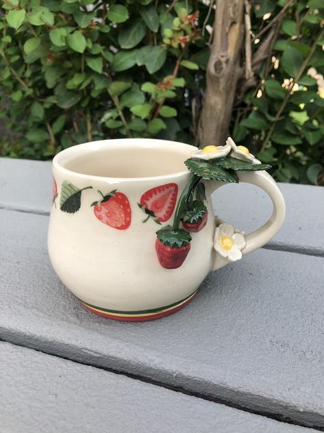 Porcelain Wheel-thrown Strawberry Mug Pottery Strawberry Mug, Pretty Mugs Ceramic, Unique Thrown Pottery, Mug Wheel Thrown, Strawberry Mug Pottery, Cute Mug Handles, Pottery Painting Cups Design, Wheel Clay Ideas, Creative Mugs Ceramics