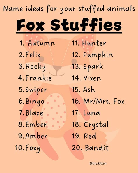 Heres a bunch of name suggestions for your stuffies!!!🥰 Plush Name Ideas, Fox Name Ideas, Plushie Name Ideas, Stuffie Names, Fox Names, Plushie Names, Stuffed Animal Names, Writing Oc, Age Reg