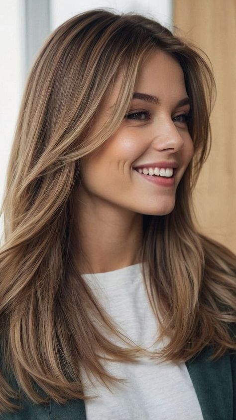 Long Bangs Medium Length Hair, Cute Haircuts For Medium Hair With Layers Shoulder Length, Medium Haircut Long Layers, Fine Hair Hairstyles Long, Layered Hair Women, Medium Layers With Face Framing Pieces, Bangs Layers Medium, Medium Haircut For Fine Hair, Medium Long Haircut For Fine Hair