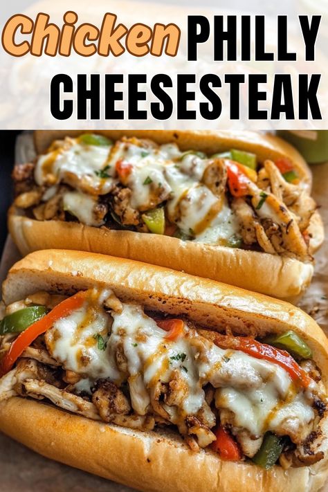 Chicken Philly Cheesesteak Philly Cheese Steak With Chicken, Chicken Crockpot Recipes Sandwich, Healthy Chicken Philly Cheesesteak, Philly Cheesesteak Roll Ups, Chicken Cheesesteak Sandwich, Chicken Philly Recipe, Chicken Phillies Cheesesteak, Healthy Chicken Cheesesteak, Chicken Cheesesteak Bowl