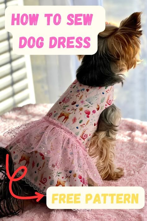 How to sew cute dog dress with free pattern. This dress is really simple because I use a dog harness pattern and one rectangle of fabric. For the decoration, I used pink pleated lace and white little lace for the dress hem. This part is optional if you don't want to be so extra. This is suitable for beginners. Dog Dress Sewing Pattern, Small Dog Dress Pattern Free, Cat Dress Pattern Free Sewing, Diy Dog Dress Pattern Free, Pet Clothes Patterns Free Sewing, Pet Clothes Patterns Free, Dog Dress Pattern Free How To Make, Dog Dress Pattern Free, Sewing Patterns For Dogs