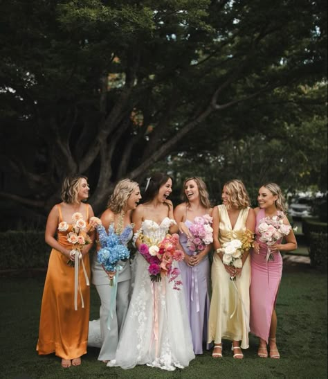 Rainbow Bridesmaids, Pastel Bridesmaids, Wildflower Wedding Theme, Summer Bridesmaids, Spring Bridesmaid Dresses, Pastel Bridesmaid Dresses, Top Wedding Trends, Bridesmaid Colors, Pink Wedding Dresses