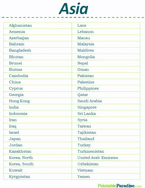 Printable List of Countries in Asia Countries Names List, List Of All The Countries In The World, All The Countries In The World List, Country List World, Travel Country List, How To Learn Geography, List Of Countries In The World, Asia Country And Capital List, World Knowledge