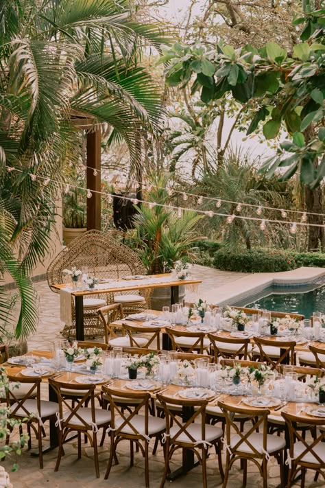 Tropical Boho Destination Wedding in Costa Rica with Blue Hues ⋆ Ruffled Weddings Costa Rica, Garden Destination Wedding, Modern Tropical Wedding Cake, Tropical Glam Wedding Table Settings, Costa Rica Weddings, Caribbean Wedding Venues, Tulum Wedding Ideas, Blue And Gold Beach Wedding, Tropical Wedding Dress