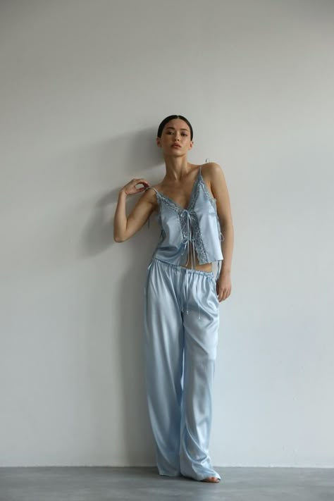 Blue pure silk pajama set with lace details  and pants Silk women pajama set Bridesmaid gi Old Hollywood Pajamas, Long Pyjama Set, Cute Pjs Silk, Satin Pajama Party, Elegant Pajamas Classy, Pajama Set Silk, Cute Pajamas Silk, High End Loungewear, Soft Pajama Set