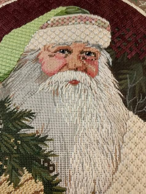 Needlepoint Santa Beard Stitches, Needlepoint Santa Beards, Santa Needlepoint, Needlepoint Inspiration, Needlepoint Santa, Needlework Christmas, Christmas Needlepoint, Needlepoint Christmas Ornaments, Needlepoint Ideas