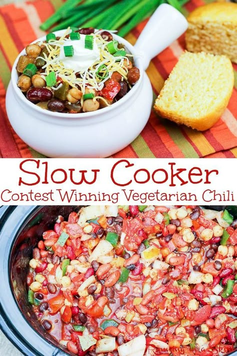 Crock Pot Vegetarian Chili, Crock Pot Vegetarian, Vegetarian Chili Crock Pot, Chili Contest, Slow Cooker Vegetarian Chili, Meat Chili, Vegan Crockpot, Healthy Chili, Chili Cookoff