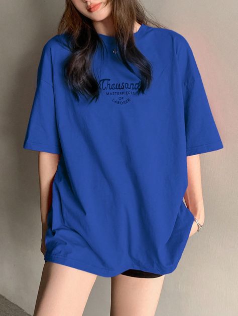 Royal Blue Casual Collar Half Sleeve Fabric Letter,Slogan  Embellished Medium Stretch Summer Women Clothing Oversize Tshirt Outfits, Tshirt Outfits, Knitting Girls, Women T Shirts, Casual Summer Outfits, Half Sleeve, Cute Fashion, Casual T Shirts, Letter Print