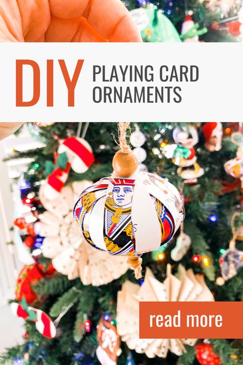 Game Christmas Ornament, Board Game Christmas Ornaments, Ornaments From Old Christmas Cards, Board Game Ornaments Diy, Manly Christmas Ornaments Diy, Crafts With Playing Cards Diy, Crafts Using Playing Cards, Playing Card Christmas Ornaments, Playing Card Ornaments Diy